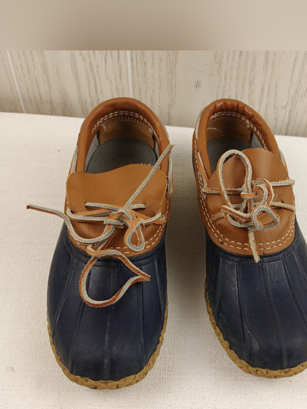 L.L. Bean tan leather &blue rubber low ankle gumshoe duck boot womens sz. 7M - Picture 2 of 15